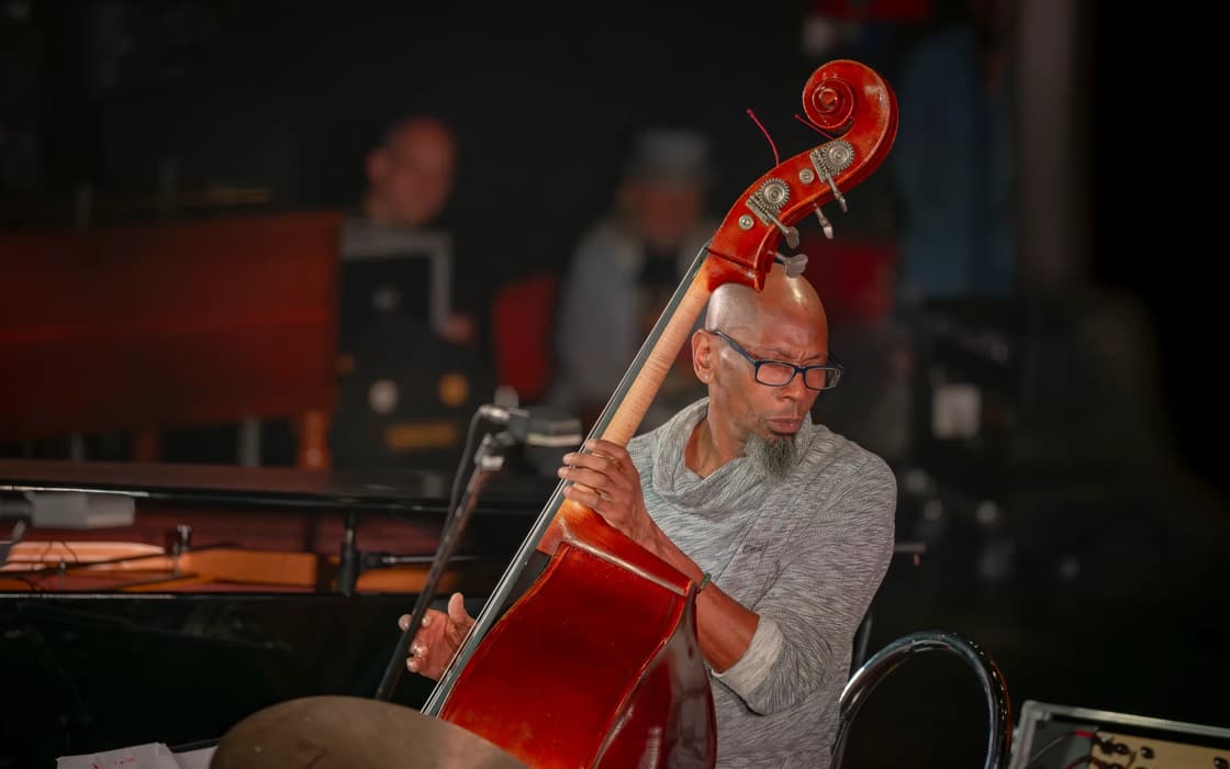 A man wearing glasses plays an upright bass on stage beside a piano and a microphone.