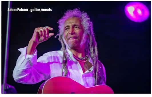 Muzyk w białej koszuli z długimi dredami gra na gitarze na scenie o fioletowym oświetleniu.